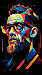 illustration of abstract bright man in glasses on black background with colorful geometric shapes representing concept of virtual reality