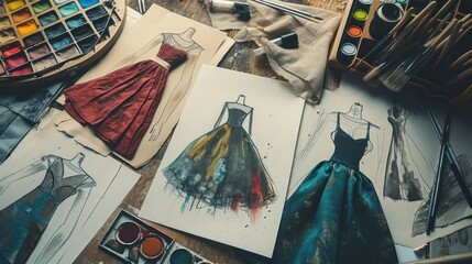 illustration from above of various fashion dresses sketches near fabric swatches and palette in workshop - obrazy, fototapety, plakaty