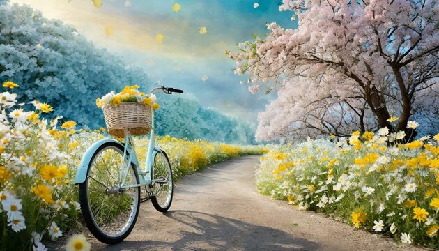 bicycle with flowers on a road among floral fields. 