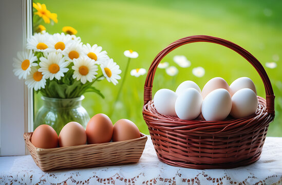 A chicken egg lies in a wicker basket by the window.