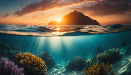  sunlight penetrates underwater realm, illuminating life above and below - obrazy, fototapety, plakaty
