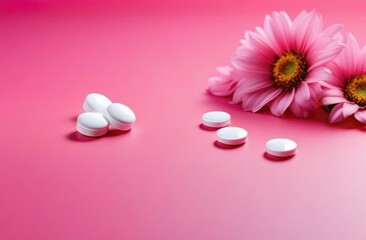Obraz na płótnie Canvas International Women's Day for Medical Professionals, World Nurses Day, National Doctor's Day, Health day, white pills, pink chrysanthemums, pink background, horizontal banner, place for text