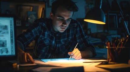 Image of a crop young male concentrating on the screen of a graphic tablet while seated at a table, drawing with a pen in hand in a dimly lit room.