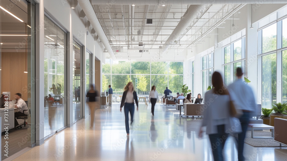 Wall mural visualize an expansive, modern office space bathed in natural light, where employees move briskly between collaborative workstations and private meeting areas The blurred motion of people walki