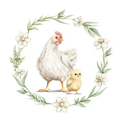 Cute vintage chicken with chick family with Easter floral wreath isolated on white background. Watercolor hand drawn illustration sketch