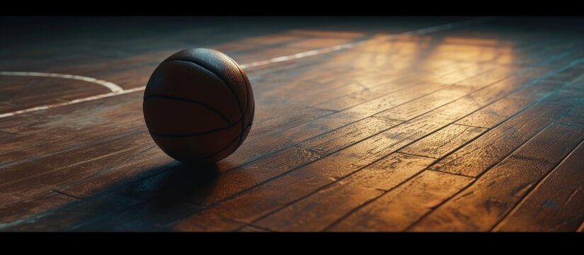 Basketball Ball on wooden floor of basketball court Background. AI generated image