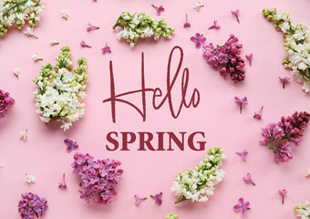 Banner with text HELLO SPRING and lilac flowers