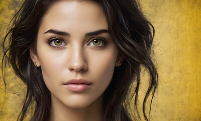Naklejka premium A close up of a beautiful woman with yellow eyes on a yellow background