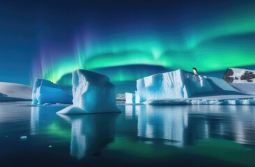 World Penguin Day, a lone adult penguin on an ice floe, the kingdom of ice and snow, an iceberg in the ocean, the far north, the northern lights