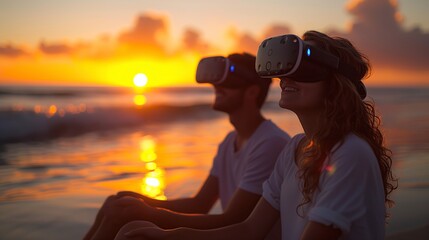 indian young couple sitting beside beach wearing VR, vivid evening sunlight giving the romantic feeling