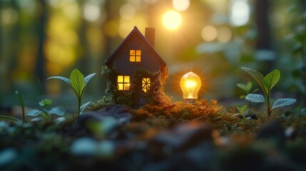 Small house model and light bulb on the ground for real estate idea concept , eco design , green electricity energy background
