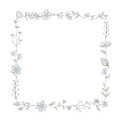 Square frame with varied simple small blue flowers, plants and leaves isolated on white background. Watercolor hand drawn illustration