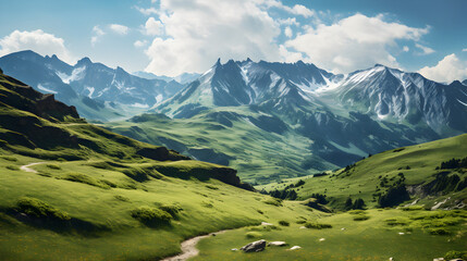 landscape in the summer 3d view,,
alpine meadow in the mountains - obrazy, fototapety, plakaty