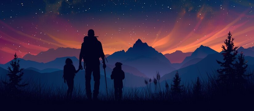 Illustration silhouette a family on travel night with beautiful starry sky. AI generated image