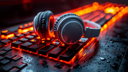 Fototapeta na wymiar Backlit mechanical keyboard with red lighting under water droplets, with black headphones resting on top.