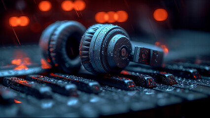 Close-up of black headphones with blue lighting on a wet mechanical keyboard, showcasing water...