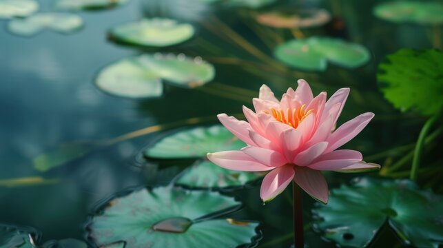 Beauty Water Lily or Lotus Flower Floating on deep lake water. AI generated image
