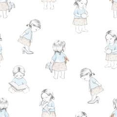 Seamless pattern with varied cartoon baby girl and toys isolated on white background. Watercolor hand drawn illustration