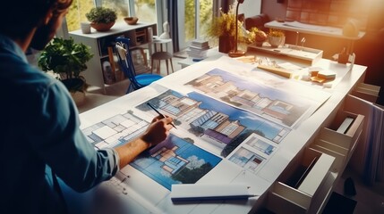 
An interior designer architect creatively working, hand-drawing sketch plans, selecting materials and color samples, surrounded by art tools in their design studio.
