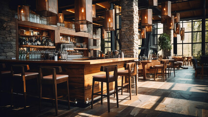 Modern rustic bar interior with natural light illuminating wooden tables, stools, and a bar counter, accentuated by stone pillars and hanging metal light fixtures, creating a cozy and inviting atmosph
