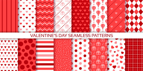 Seamless backgrounds. Valentine's day pattern. Cute prints with hearts, dots, stripes and zigzag. Set love red textures. Collection girly wrapping papers. Vector illustration. Romantic scrap design   