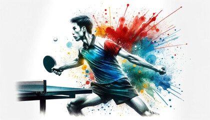 An intense table tennis player captured mid-action in a dynamic pose,striking the ball, rendered in a vibrant splash of watercolor effect,highlighting motion and athleticism.Sport concept.AI generated