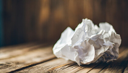 Fototapeta na wymiar Crumpled white paper symbolizing creativity, ideas, and potential, isolated on rustic background