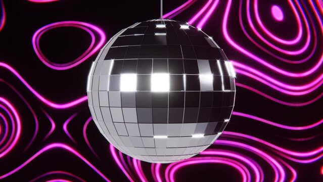 Abstract 3D animation of sparkling disco ball retro animation with neon groovy colourful gradient rainbow lines. Nightclub seamless loop 30 fps 4K video background