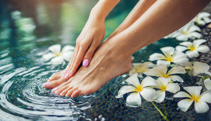 Relaxing spa scene beautiful female feet in water with flowers, symbolizing tranquility and beauty