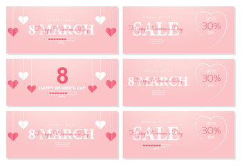 Set of posters or banners with Women's day. 8 March. Special offer 30% discount. Background for sale with hanging hearts. Happy Women's day header or voucher template with hanging hearts.