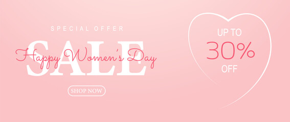 Poster or banner with Women's day. 8 March. Special offer 30% discount. Background for sale with hanging hearts. Happy Women's day header or voucher template with hanging hearts.