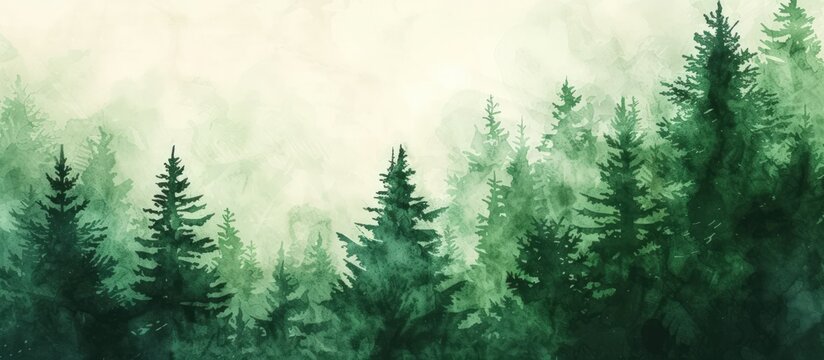 Illustration watercolor of green foggy pine forest fir landscape background. AI generated image