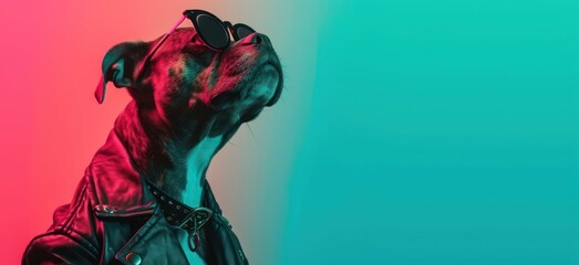 
Colorful illustration of a fantasy dog character wearing sunglasses and a leather jacket, looking away against a pink and green background.