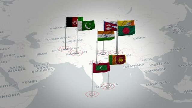 Flying Flags of South Asia Country Across the Map.South Asia country map and flags flying location.