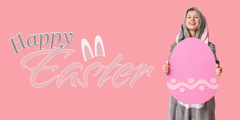 Festive banner for Happy Easter with young woman in bunny costume holding big paper egg