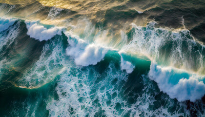 Aerial view of turbulent sea waves crashing, conveying power and intensity - obrazy, fototapety, plakaty