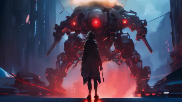 Anime girl and a futuristic giant robot. Technological sci-fi background. The concept of war between human and artificial intelligence.