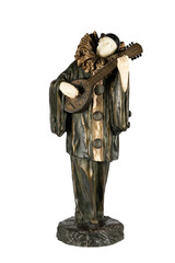 Antique pierrot statue playing mandolin vintage sculpture collectible art on transparent background