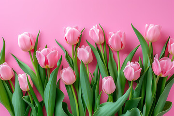 pink tulips on pink background top view in