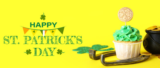 Festive banner for Happy St. Patrick's Day with horseshoe and cupcake