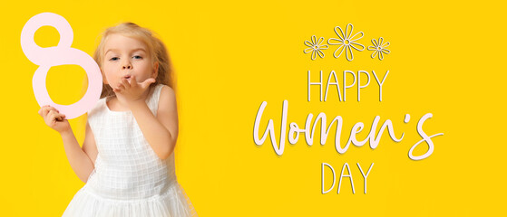 Festive banner for Happy Women's Day with little girl with figure 8 made of paper blowing kiss