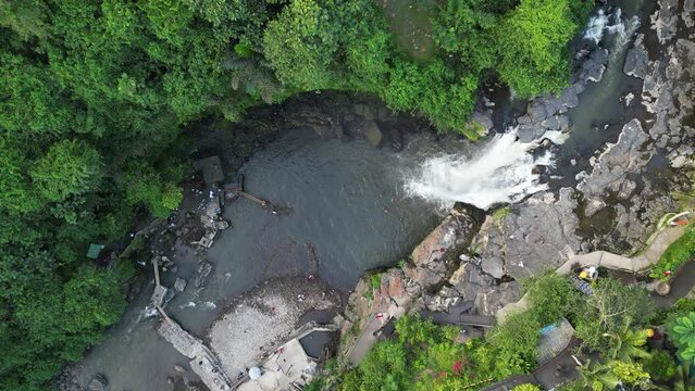 Top-down aerial view of Tegenungan Waterfall in Bali island, Indonesia