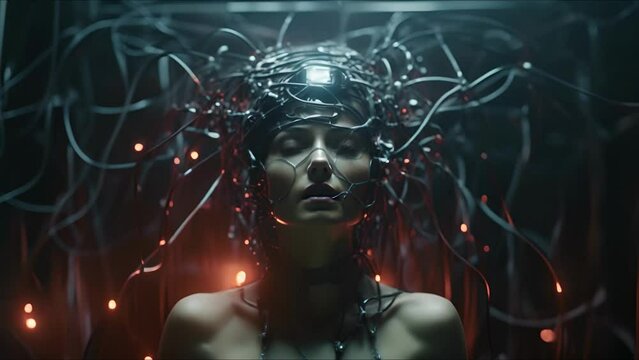 Beautiful cyborg girl on a technological background. Futuristic robot woman. Technology, robotics, artificial intelligence and future concept.
