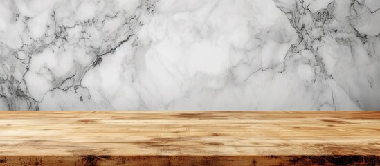 Wooden table in front of a white marble background. AI generated image