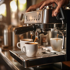 Man hand using modern coffee machine, in the morning making espresso coffee, on blurred background....