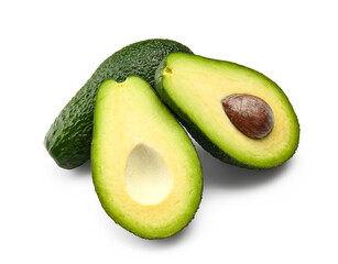 Tasty ripe avocados on white background