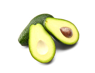 Tasty ripe avocados on white background