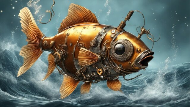 fish in water     A dynamic scene of a steampunk gold fish, with springs, screws, and bolts,  