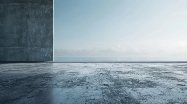 Concrete floor or slab, concept of car sale, auto, automobile, automotive  empty space or area in showroom, shop or store. Background design with blue sky and urban city for product display 