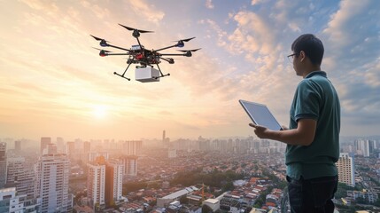 a worker in a polo shirt holding a tablet, overseeing a delivery drone carrying a large box in the cloudy urban sky.